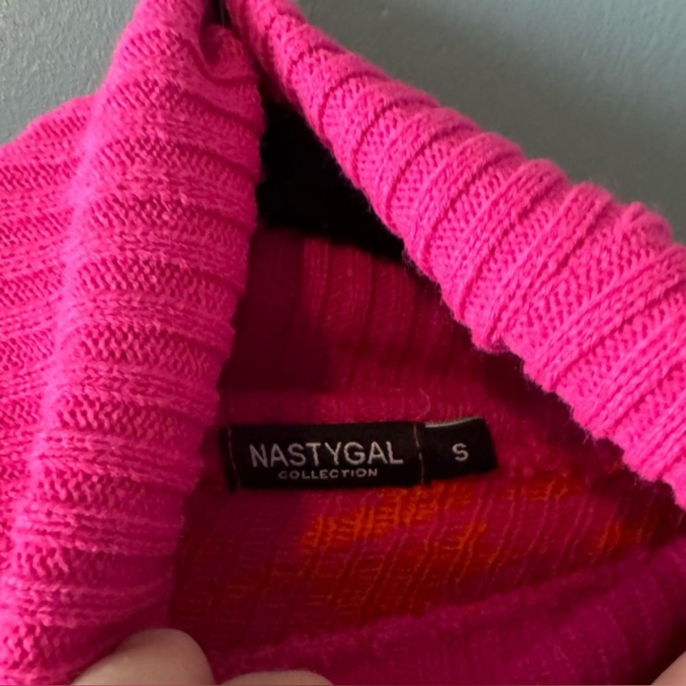 Nasty Gal women’s neon pink orange houndstooth cropped turtleneck sweater small - Picture 3 of 4
